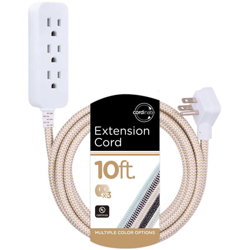 Cordinate 3 Outlet Power Strip Surge Protector Indoor Extension Cord 16 Gauge 245 Joules 10 Ft 3 Prong Braided Extension Cords Flat Extension Cord ETL Listed Brown 37916 - Image 1